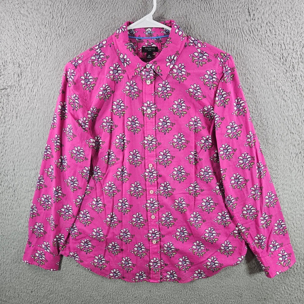 Talbots Petite Pink Floral Cotton Button Down Shirt Womens Size MP Long Sleeve